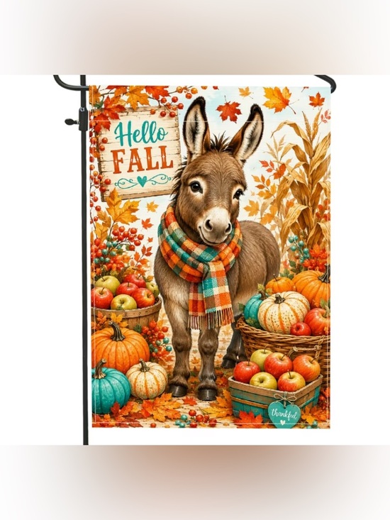 None Other - Garden Yard Flag Hello Fall Donkey Tapestry Orange, Teal & Cream Autumn Accent